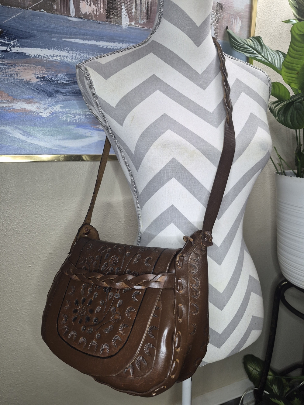 Vintage Handmade Embossed Brown Leather Shoulder Braided Strap Bag